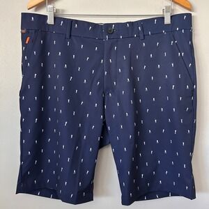 KJUS Iver Golf Shorts Mens 38 Navy Blue Player Silhouette Print Stretch 10"